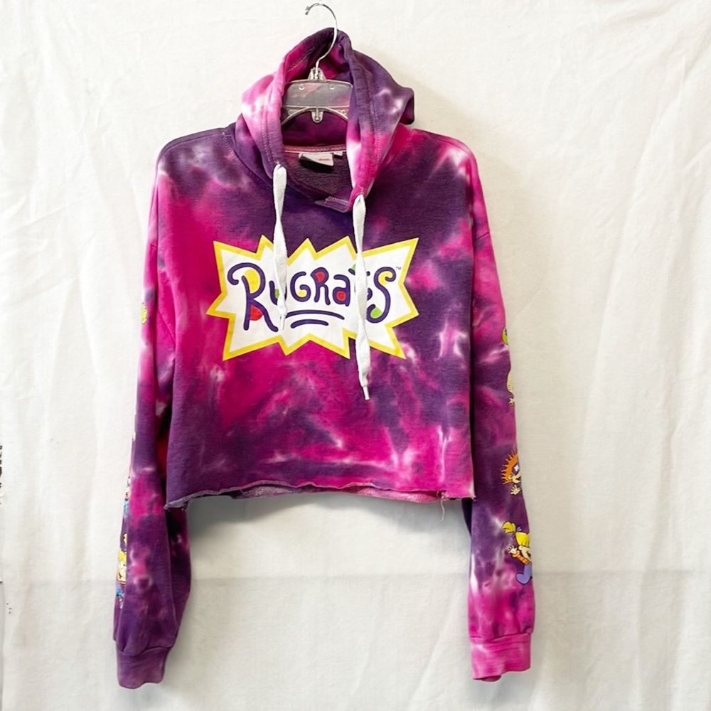 Nickelodeon Y2K Rugrats Pink‎ Purple Tie-Dye Cropped Hoodie Womens Lg Pullover